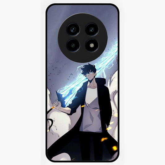 Dark Lightning Anime Warrior Glass Case showing flat back view with intense anime warrior artwork and glossy glass finish.