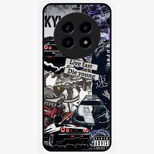 Die Young Glass Case showing flat back view with bold artistic typography design and glossy glass finish.