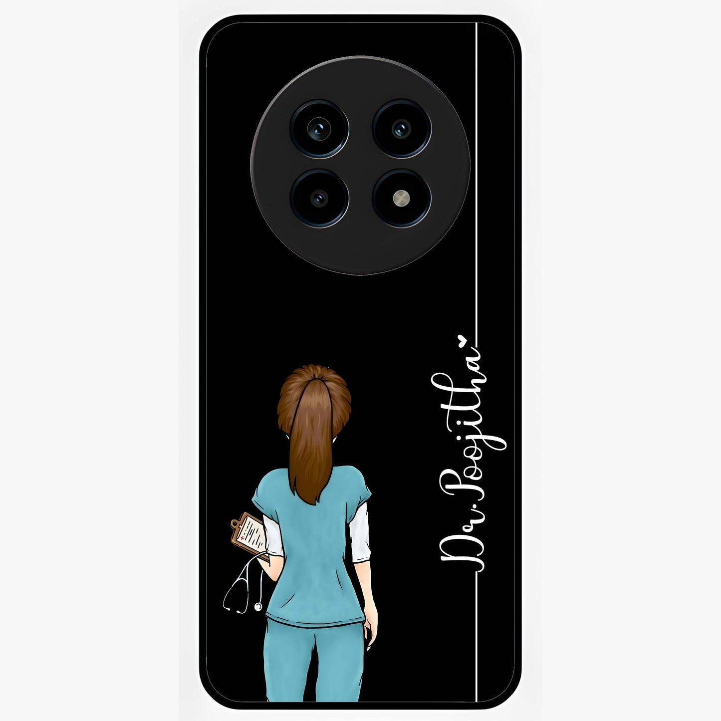Doctor Pattern Custom Name Glass Case showing flat back view with medical themed pattern and personalized name design.