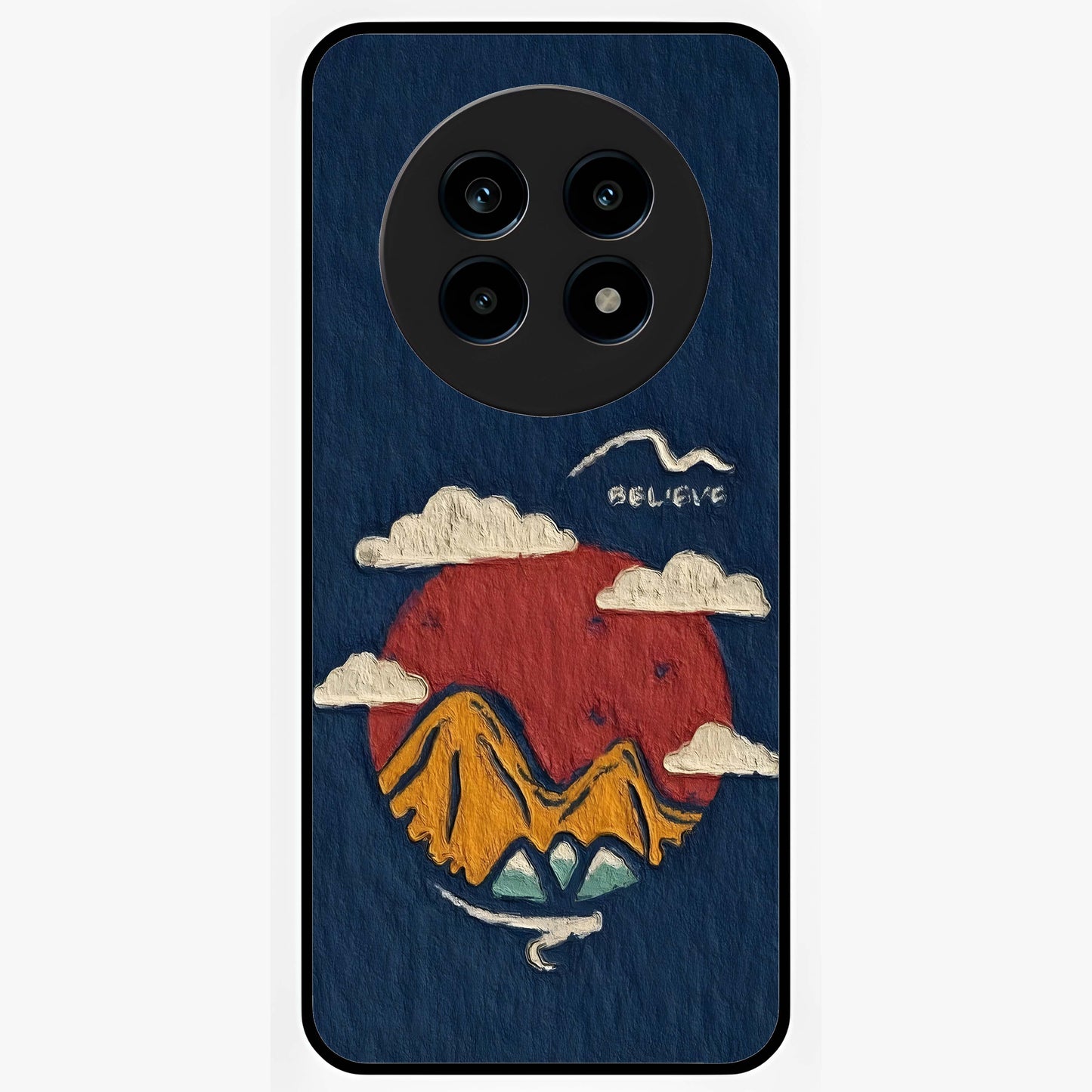 Dream Beyond Mountains Glass Case showing flat back view with scenic mountain landscape artwork and glossy glass finish.