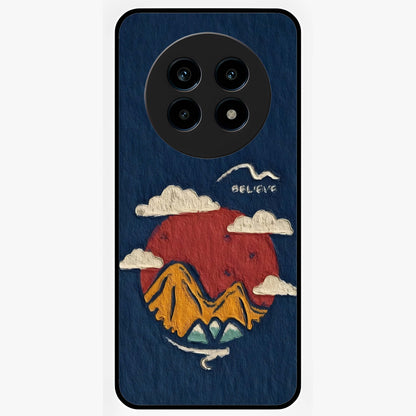 Dream Beyond Mountains Glass Case showing flat back view with scenic mountain landscape artwork and glossy glass finish.