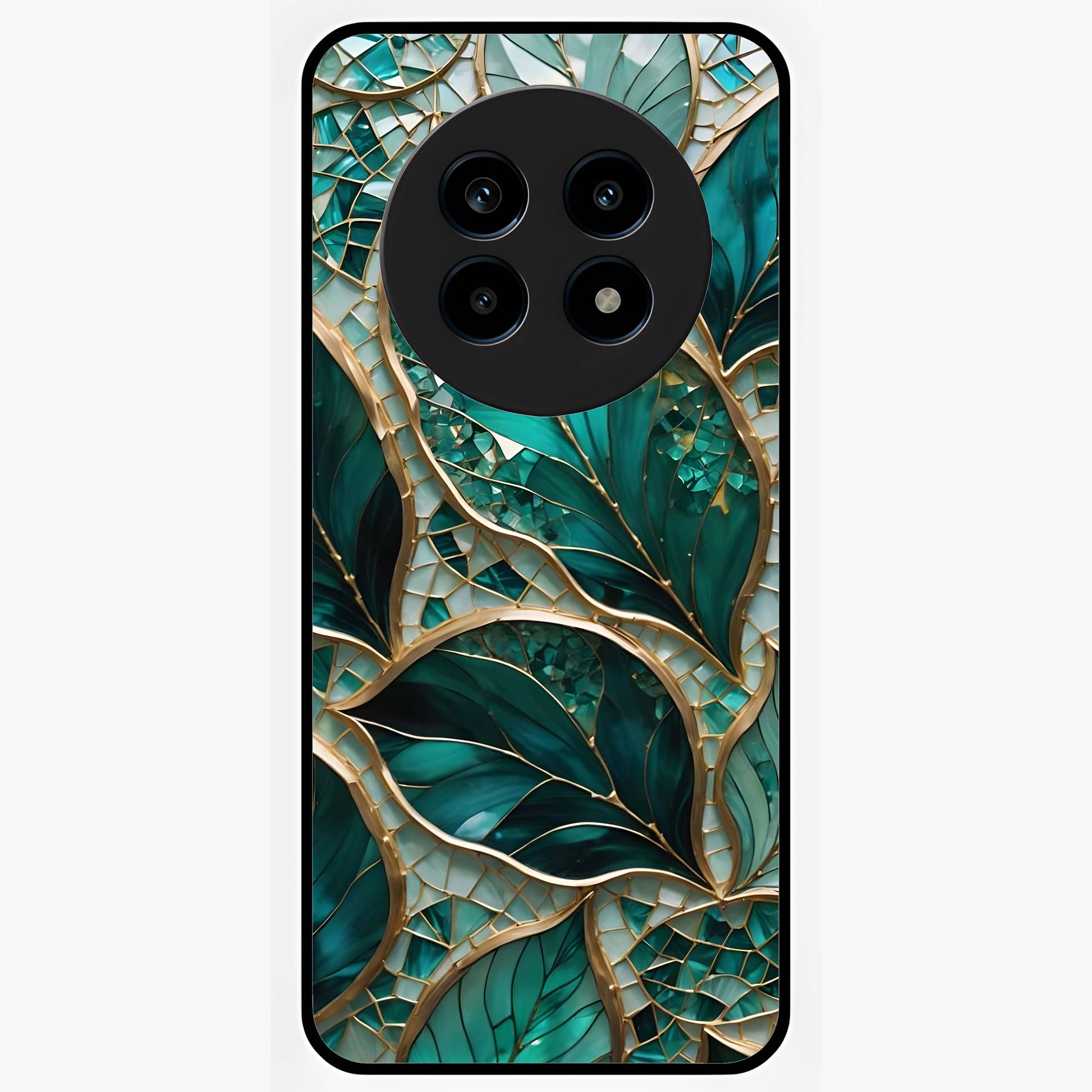 Emerald Leaf Glass Glass Case showing flat back view with emerald green leaf artwork and glossy glass finish.
