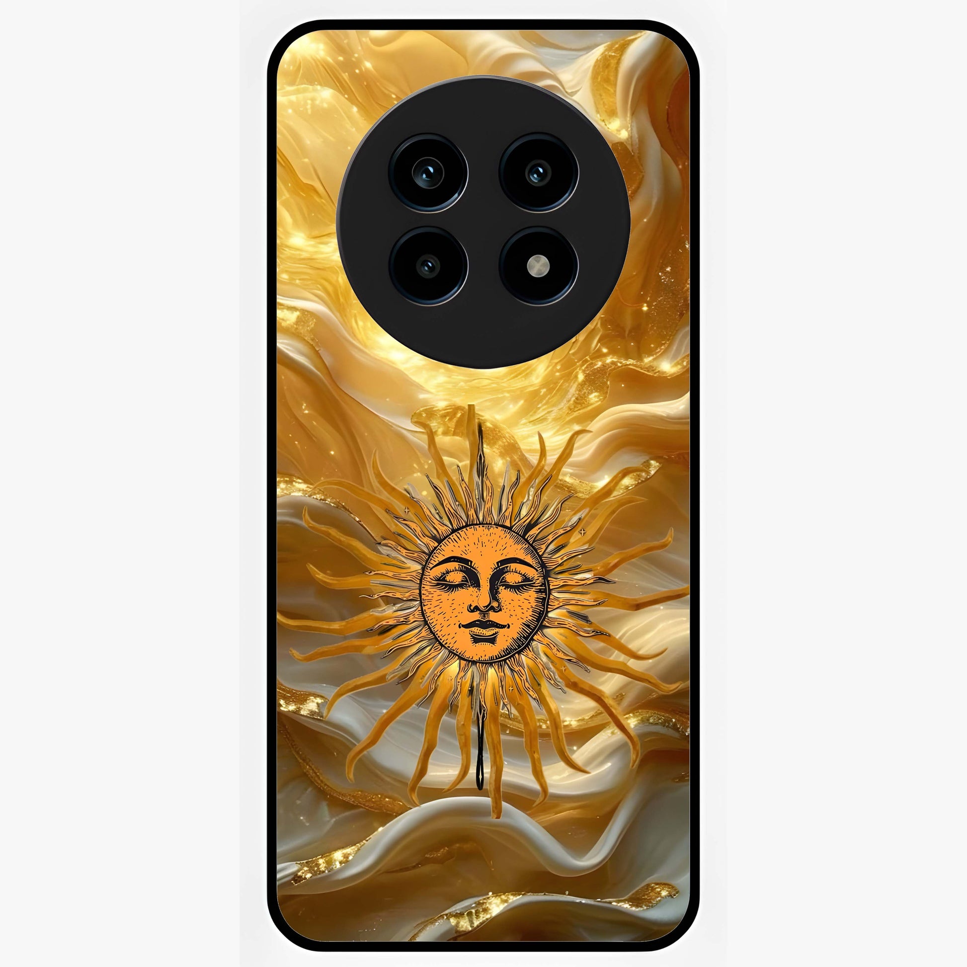Eternal Golden Glow Glass Case showing flat back view with radiant golden themed artwork and glossy glass finish.