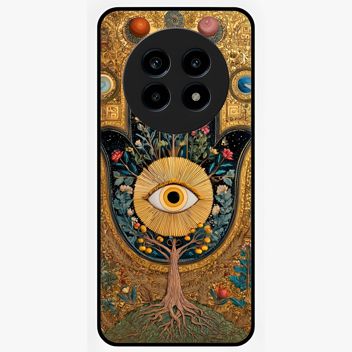 Ethereal Evil Eye Glass Case showing flat back view with mystical evil eye artwork and glossy glass finish.