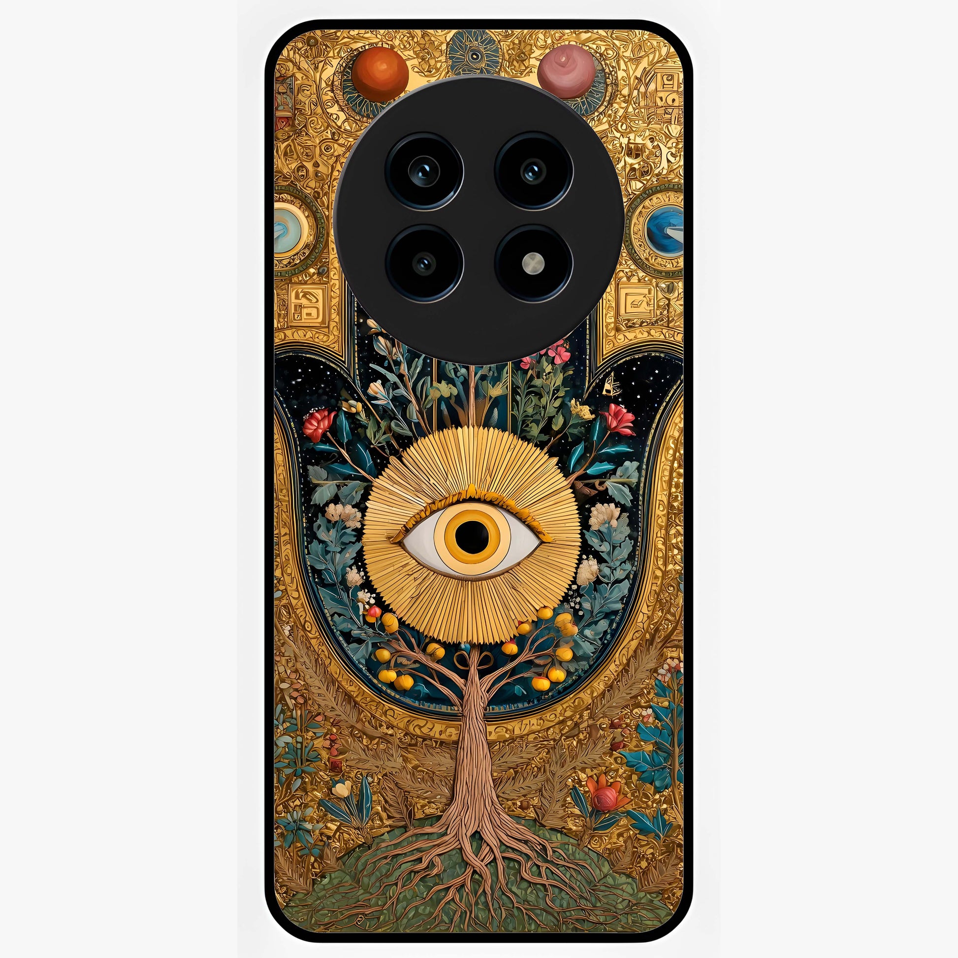 Ethereal Evil Eye Glass Case showing flat back view with mystical evil eye artwork and glossy glass finish.