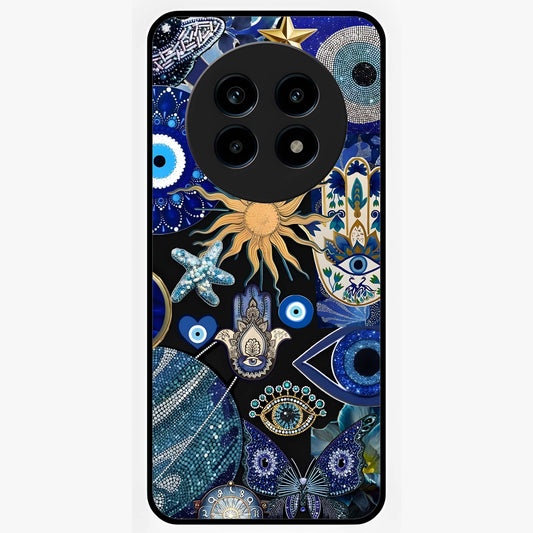 Evil Eye Charm Mix Glass Case showing flat back view with multiple evil eye charms artwork and glossy glass finish.