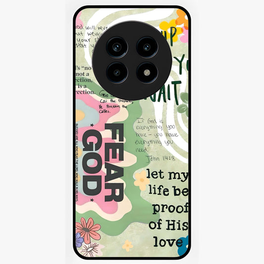 Faith Over Fear Glass Case showing flat back view with motivational typography artwork and glossy glass finish.