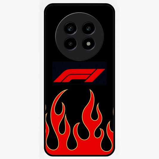 Fire F11 Glass Case showing flat back view with fiery themed artwork and glossy glass finish.
