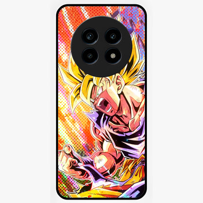 Firing Goku Glass Case showing flat back view with powerful anime inspired artwork and glossy glass finish.