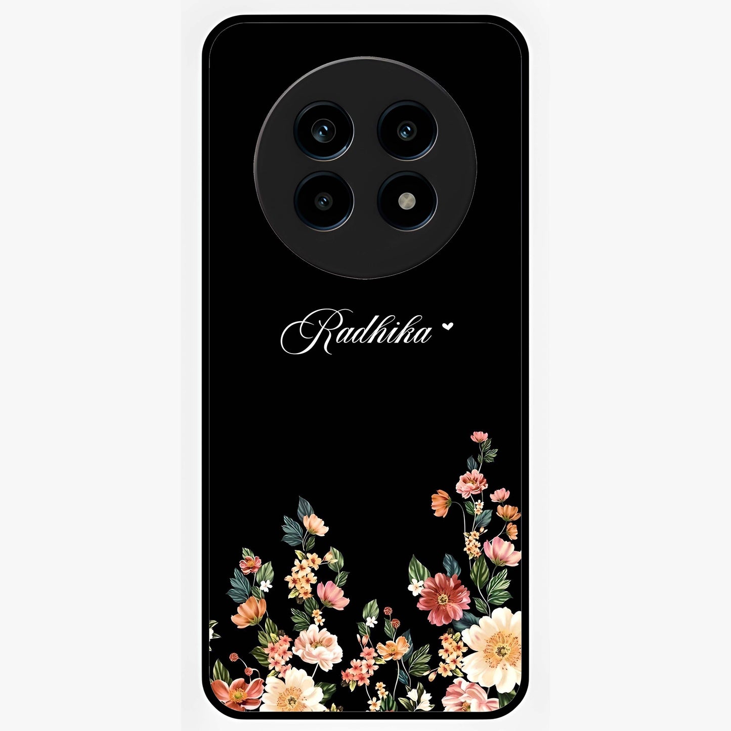 Floral Design With a Custom Personalized Name Glass Case showing flat back view with floral artwork and personalized name design.