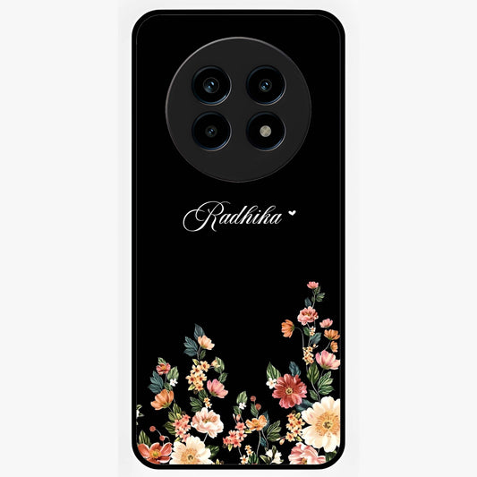 Floral Design With a Custom Personalized Name Glass Case showing flat back view with floral artwork and personalized name design.