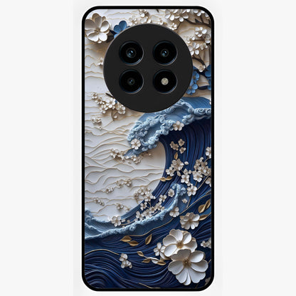 Floral Wave Origami Glass Case showing flat back view with origami inspired floral wave artwork and glossy glass finish.
