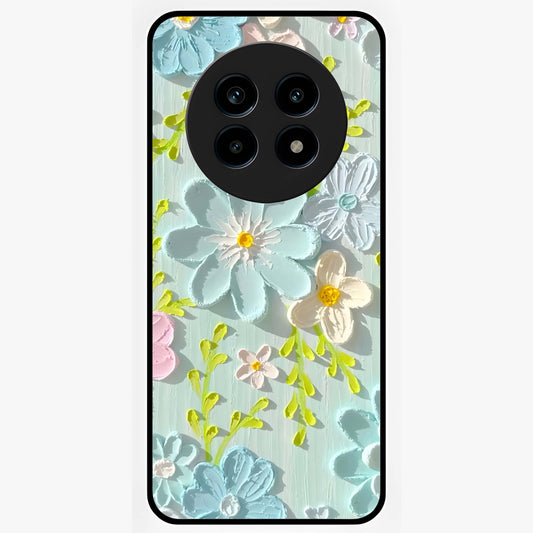 Frosted Petal Garden Glass Case showing flat back view with soft frosted floral artwork and glossy glass finish.