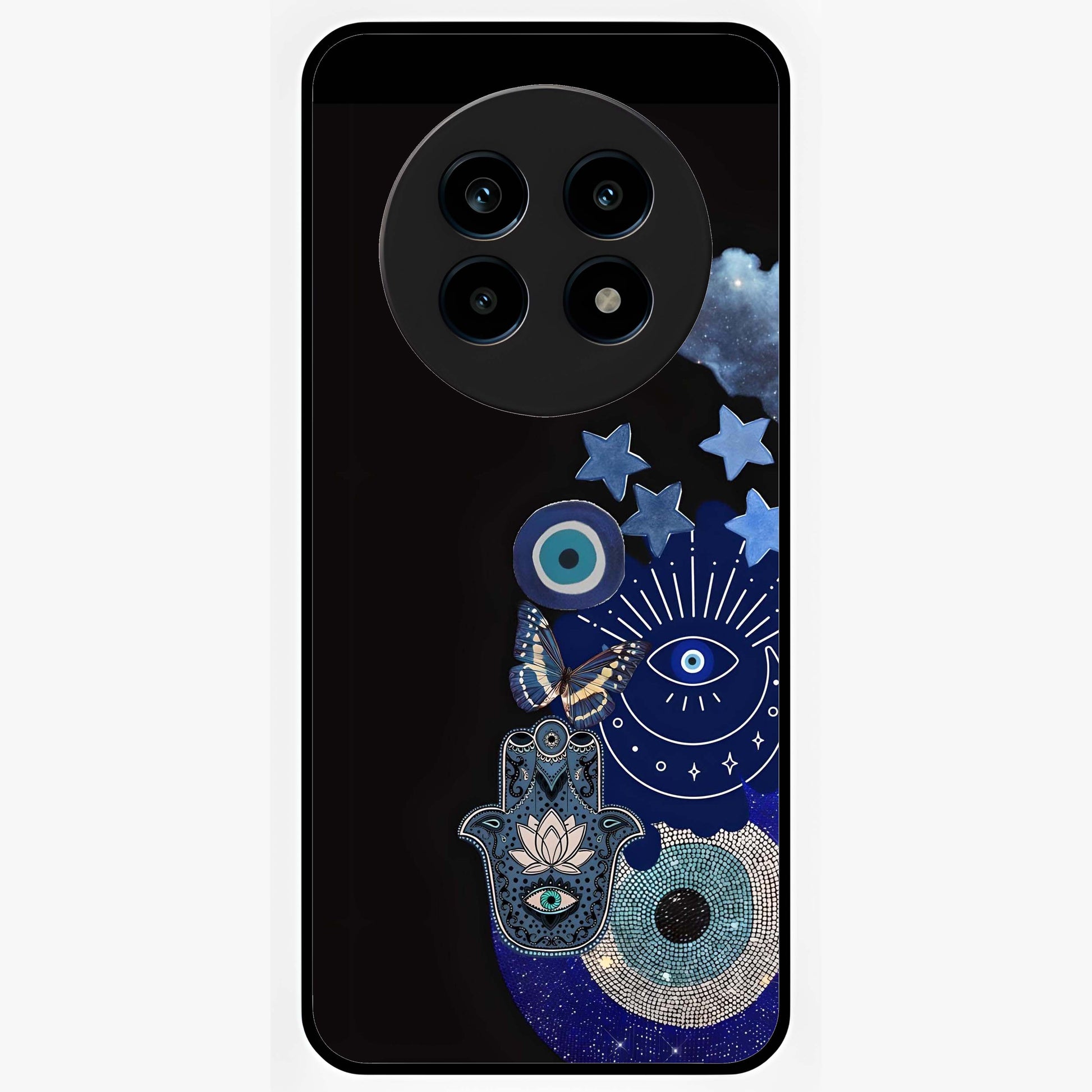 Galactic Charm Cluster Glass Case showing flat back view with glowing celestial charm artwork and glossy glass finish.