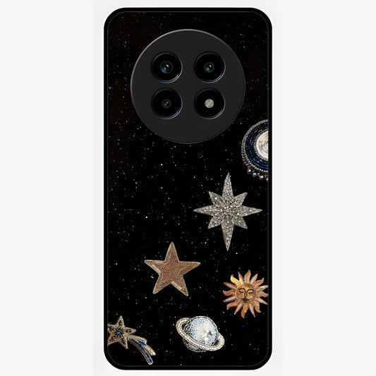 Galactic Charm Glow Glass Case showing flat back view with glowing celestial charm artwork and glossy glass finish.
