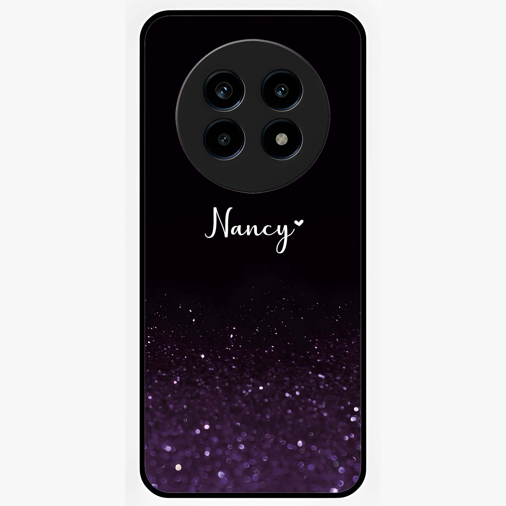 Glittery Purple Bokeh Custom Name Glass Case showing flat back view with purple bokeh sparkle artwork and personalized name design.