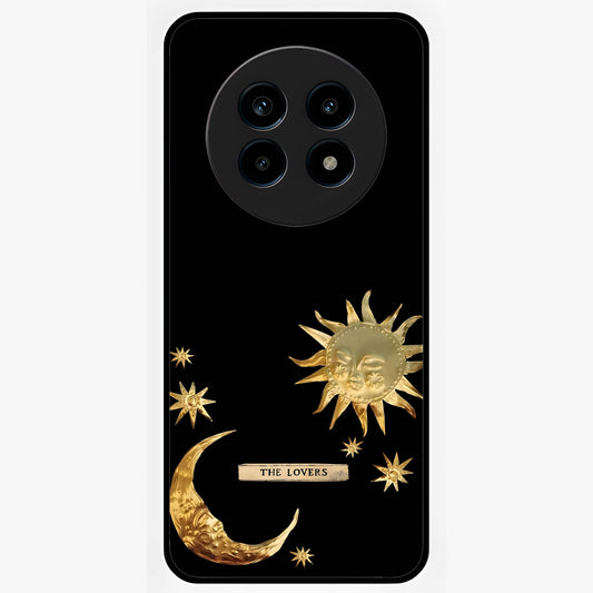 Golden Celestial Charm Glass Case showing flat back view with golden celestial charm artwork and glossy glass finish.