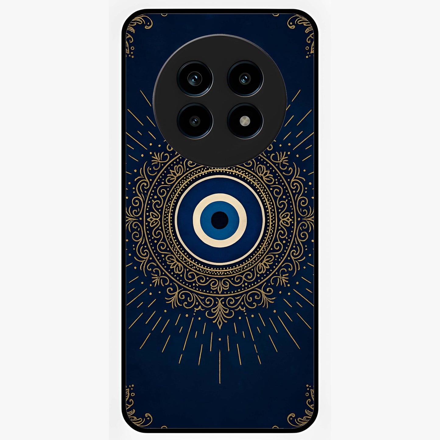Golden Evil Eye Mandala Glass Case showing flat back view with intricate evil eye mandala artwork and glossy glass finish.