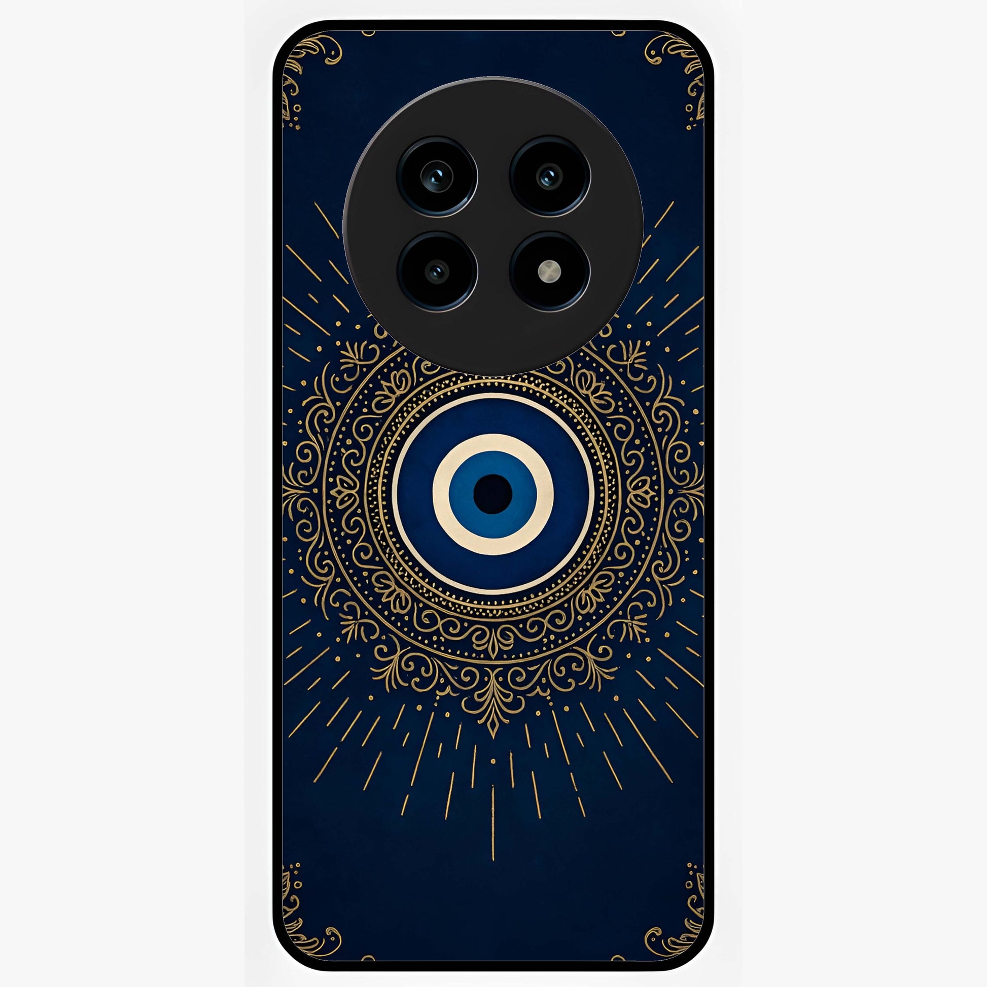 Golden Evil Eye Mandala Glass Case showing flat back view with intricate evil eye mandala artwork and glossy glass finish.