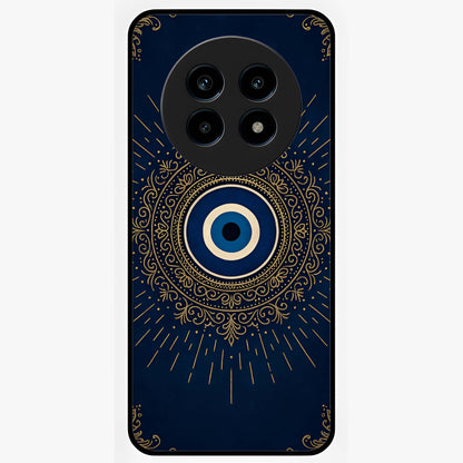 Golden Evil Eye Mandala Glass Case showing flat back view with intricate evil eye mandala artwork and glossy glass finish.