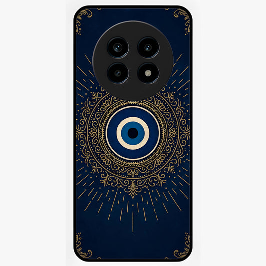 Golden Evil Eye Mandala Glass Case showing flat back view with intricate evil eye mandala artwork and glossy glass finish.