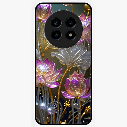 Golden Lotus Glow Glass Case showing flat back view with glowing lotus flower artwork and glossy glass finish.