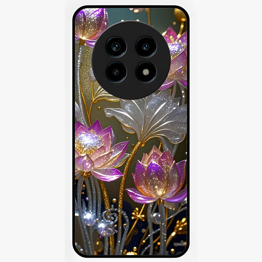 Golden Lotus Glow Glass Case showing flat back view with glowing lotus flower artwork and glossy glass finish.