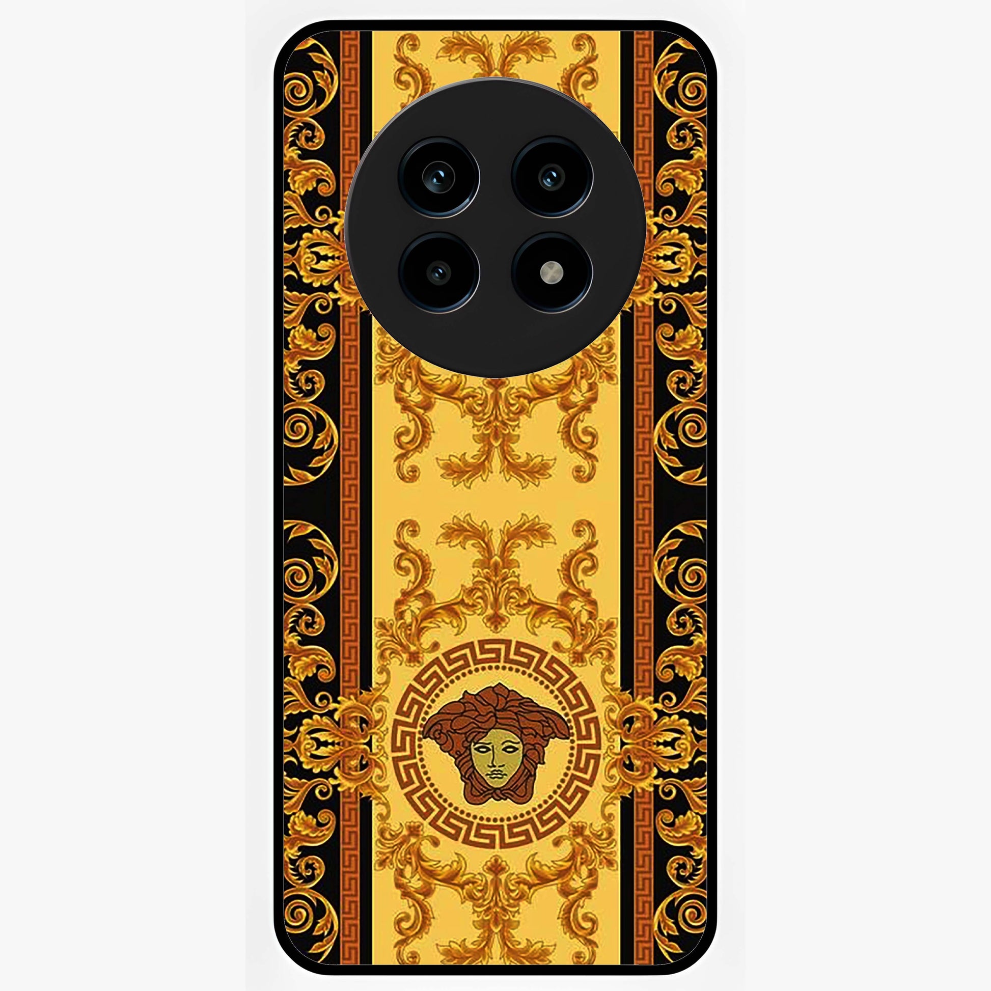 Golden Royal Heritage Glass Case showing flat back view with ornate royal pattern artwork and glossy glass finish.