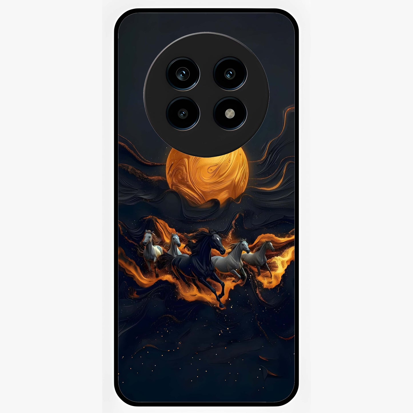 Golden Stallion Moonride Glass Case showing flat back view with majestic horse under moonlight artwork and glossy glass finish.