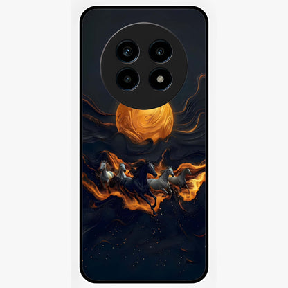 Golden Stallion Moonride Glass Case showing flat back view with majestic horse under moonlight artwork and glossy glass finish.