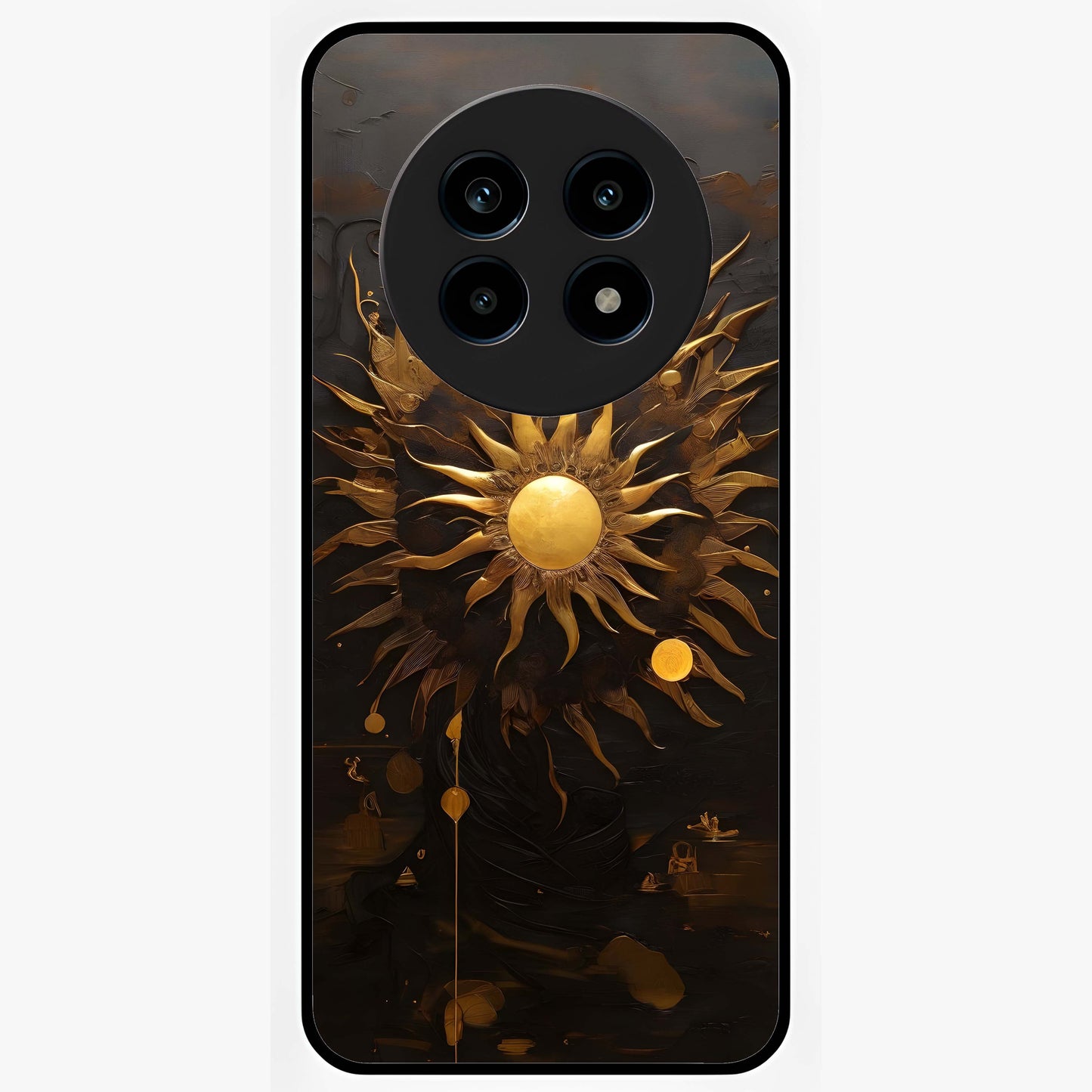 Golden Sun Majesty Glass Case showing flat back view with radiant golden sun artwork and glossy glass finish.