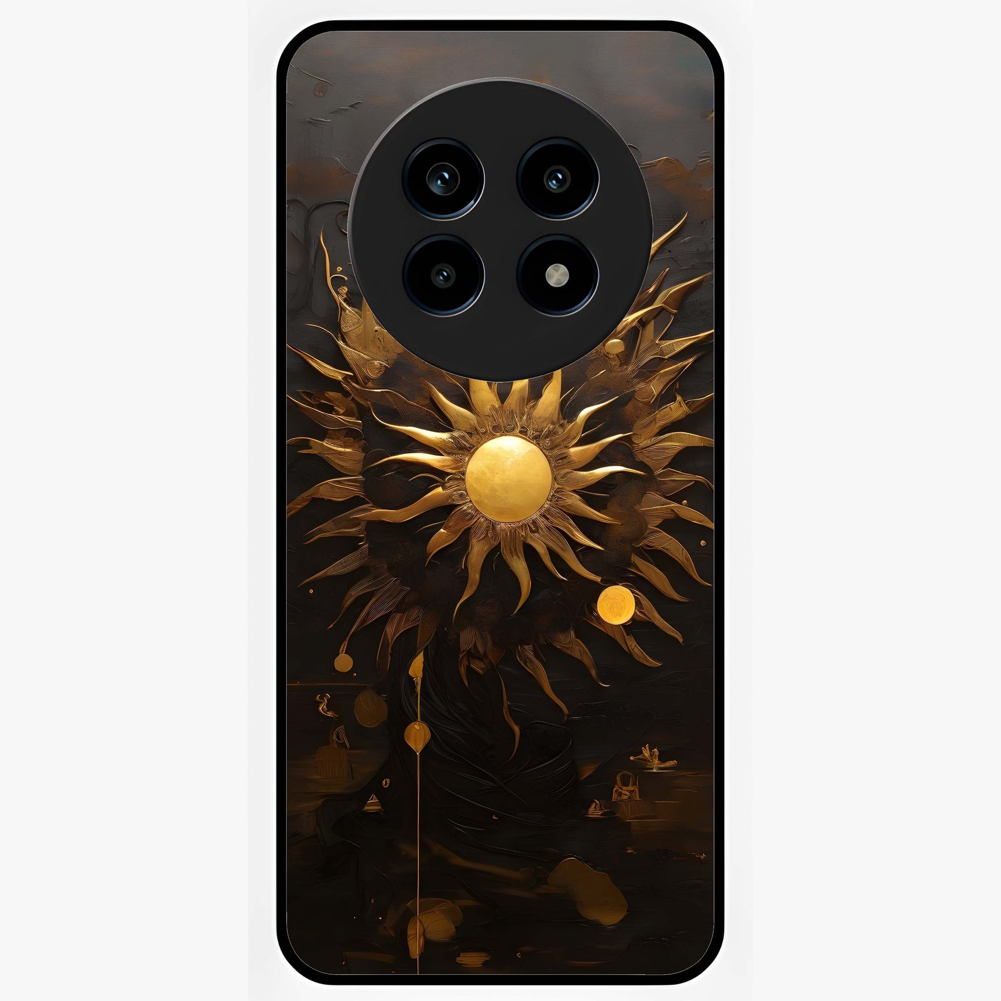 Golden Sun Majesty Glass Case showing flat back view with radiant golden sun artwork and glossy glass finish.