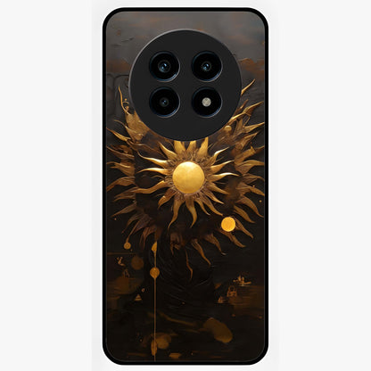 Golden Sun Majesty Glass Case showing flat back view with radiant golden sun artwork and glossy glass finish.
