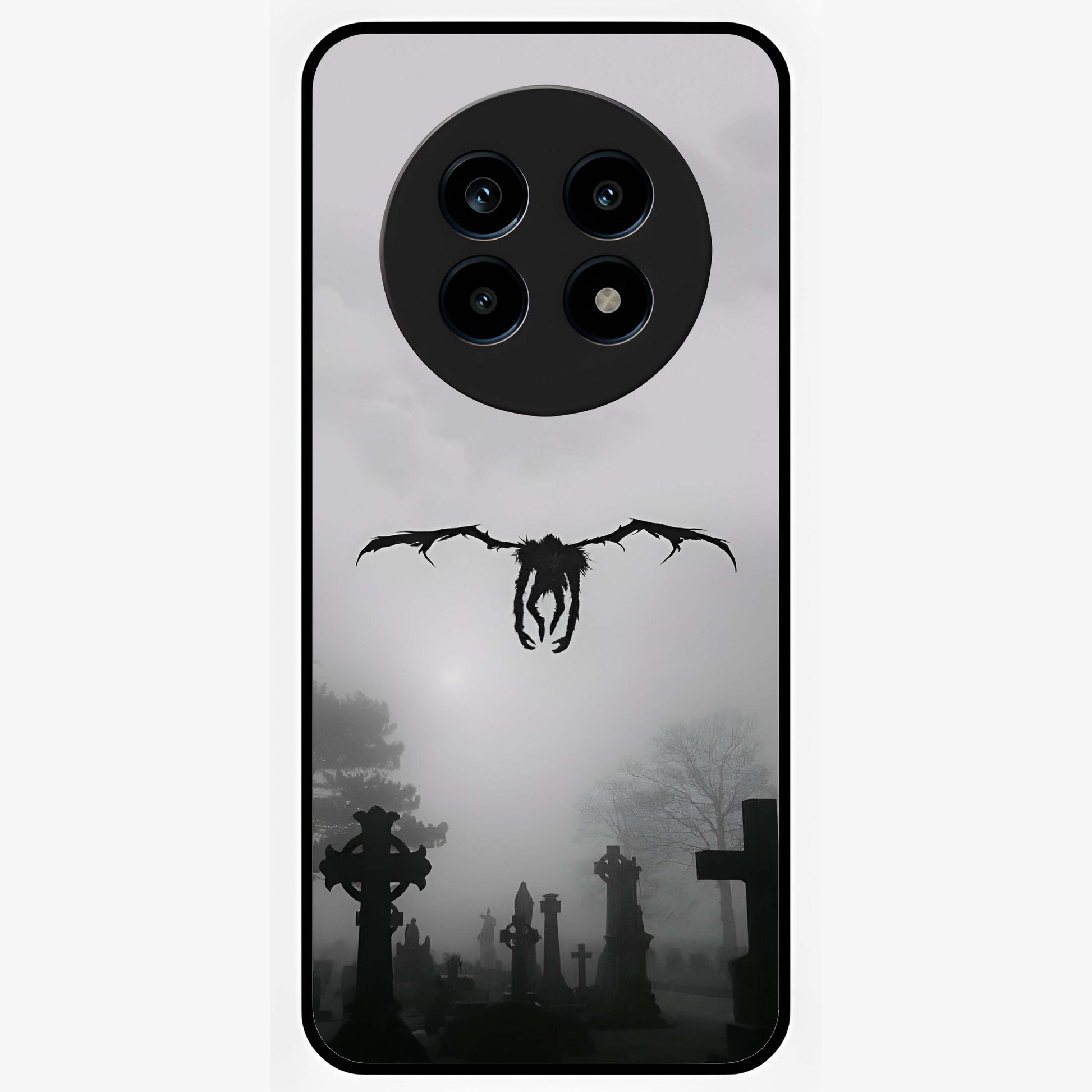 Graveyard Shadow Descent Glass Case showing flat back view with dark graveyard themed artwork and glossy glass finish.