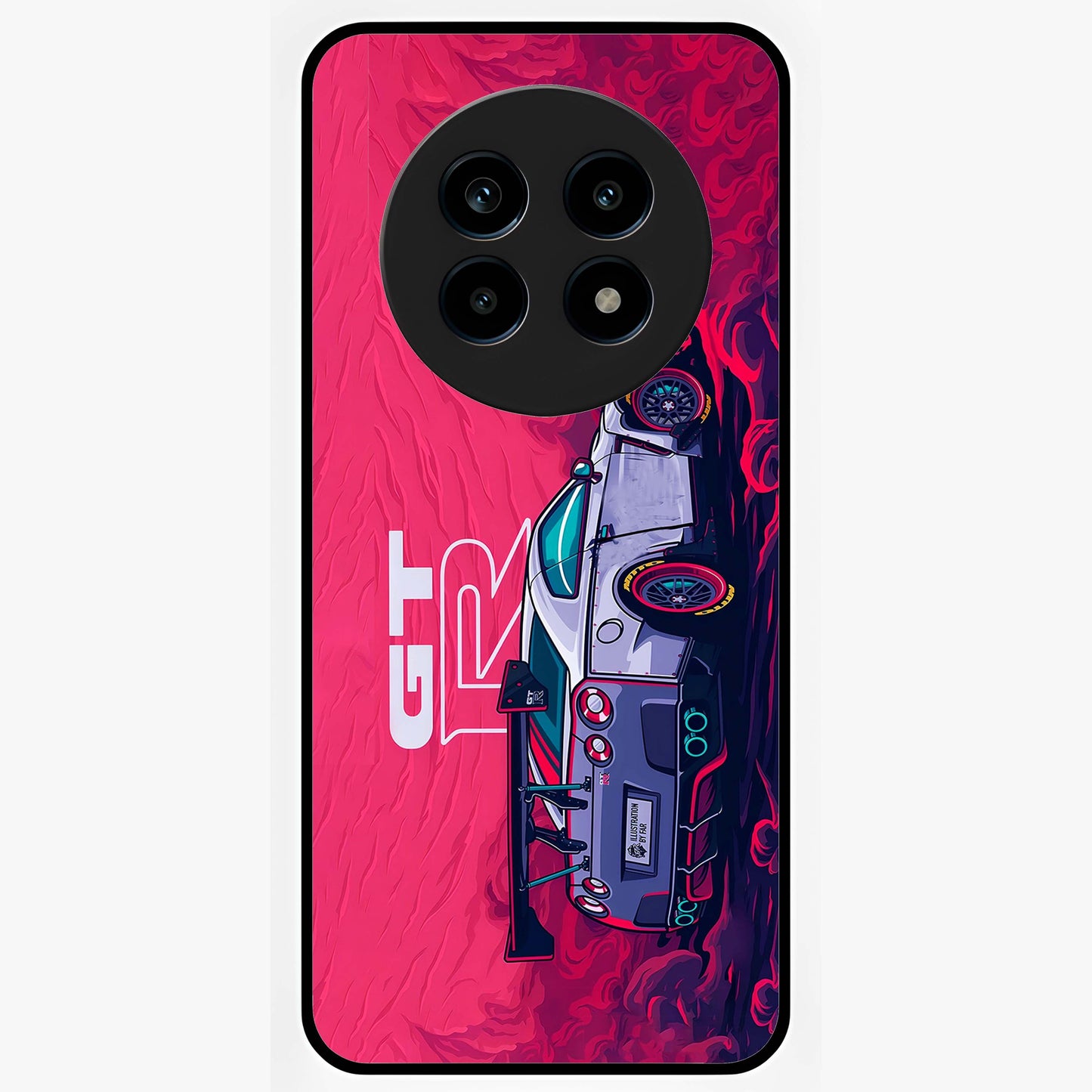 GT-R Car Pattern Glass Case showing flat back view with sporty car inspired pattern artwork and glossy glass finish.