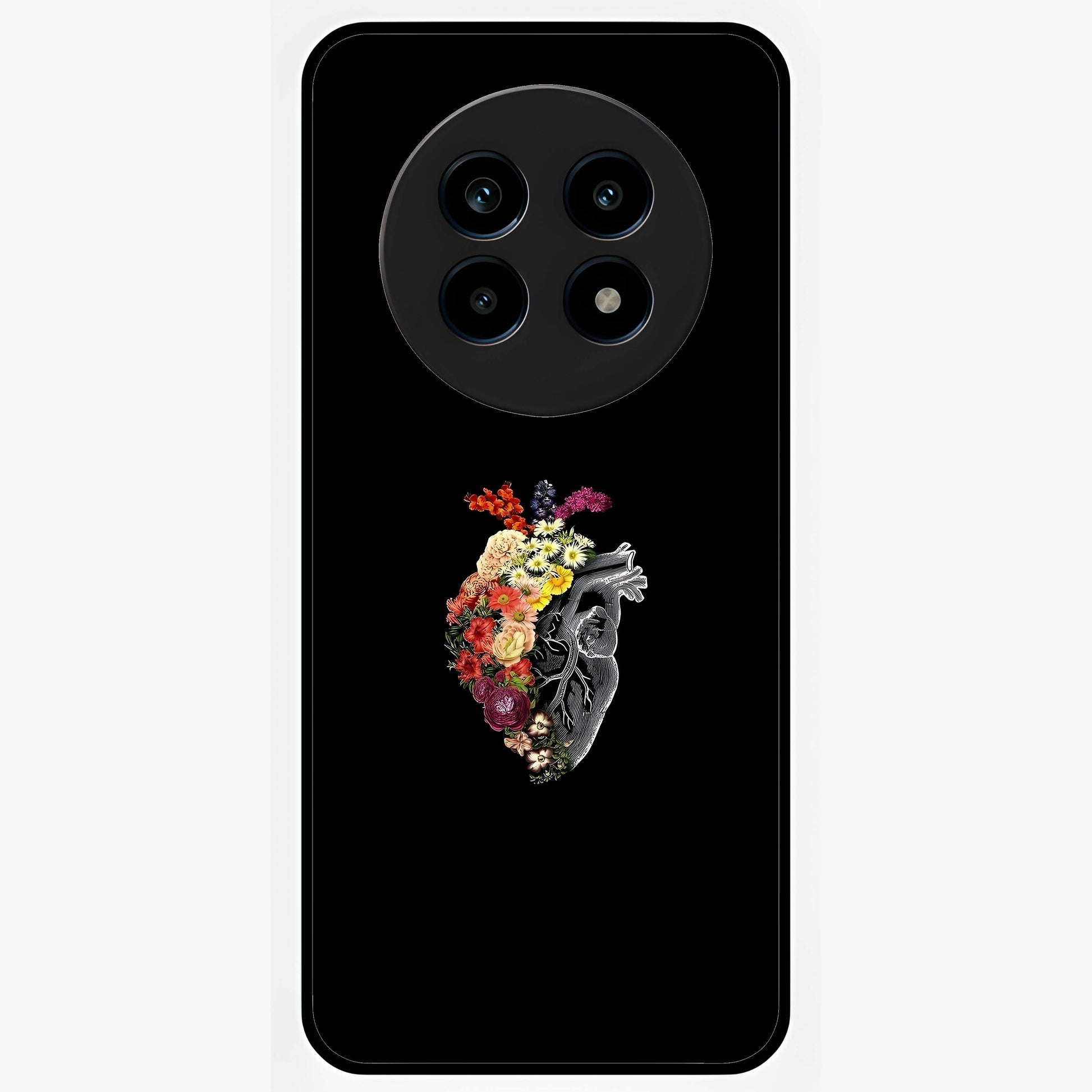 Heart With Flowers Glass Case showing flat back view with heart shaped floral artwork and glossy glass finish.