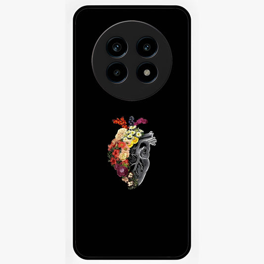 Heart With Flowers Glass Case showing flat back view with heart shaped floral artwork and glossy glass finish.