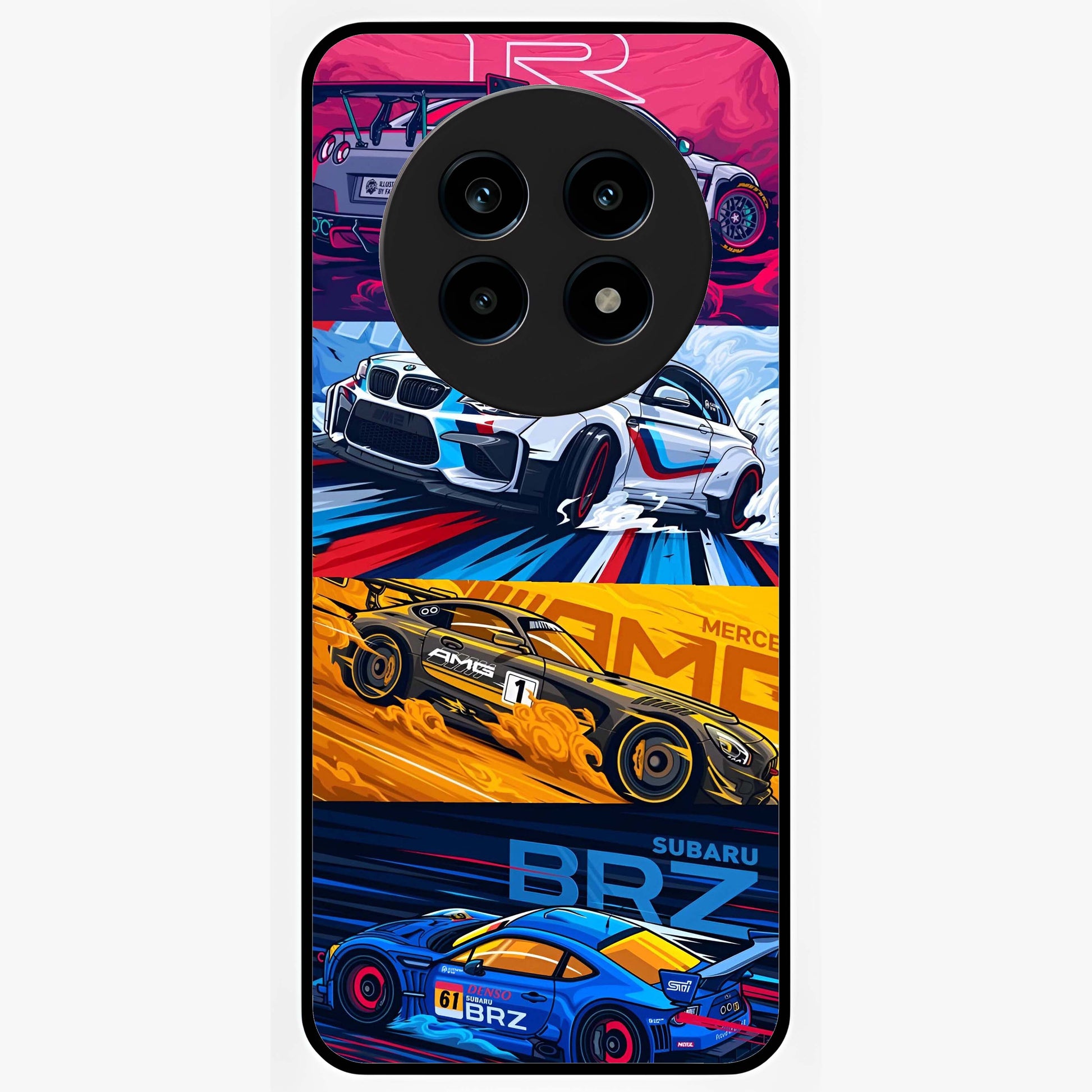 JDM Sports Car Glass Case showing flat back view with high performance sports car artwork and glossy glass finish.