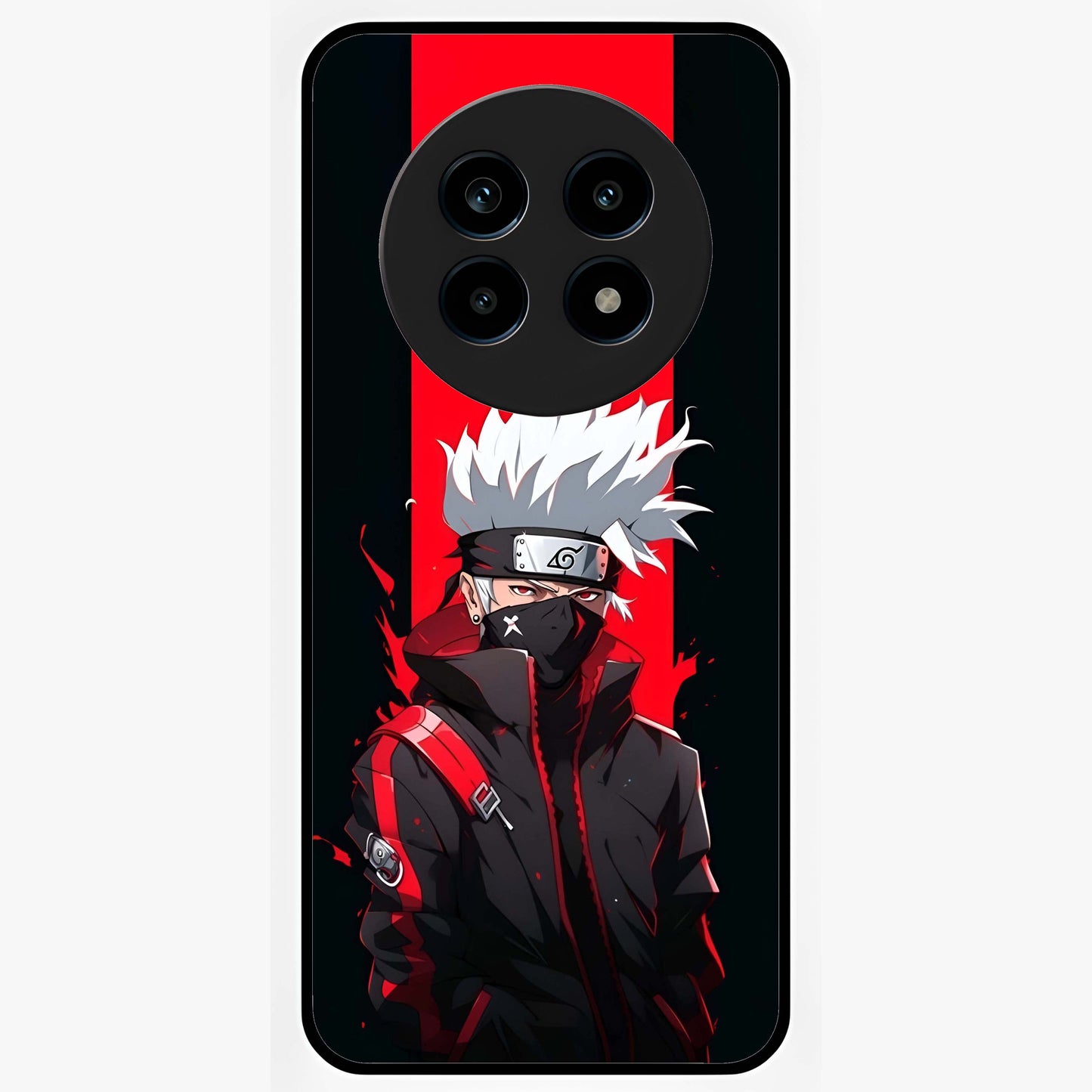 Kakashi Scarlet Shadow Glass Case showing flat back view with powerful anime ninja artwork and glossy glass finish.