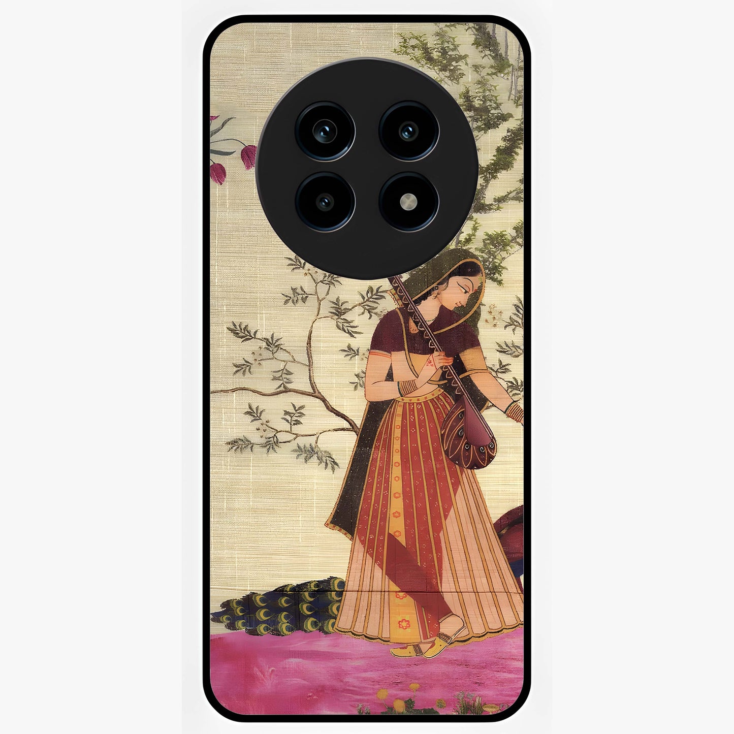 Lady With Veena Art Glass Case showing flat back view with elegant woman playing veena artwork and glossy glass finish.