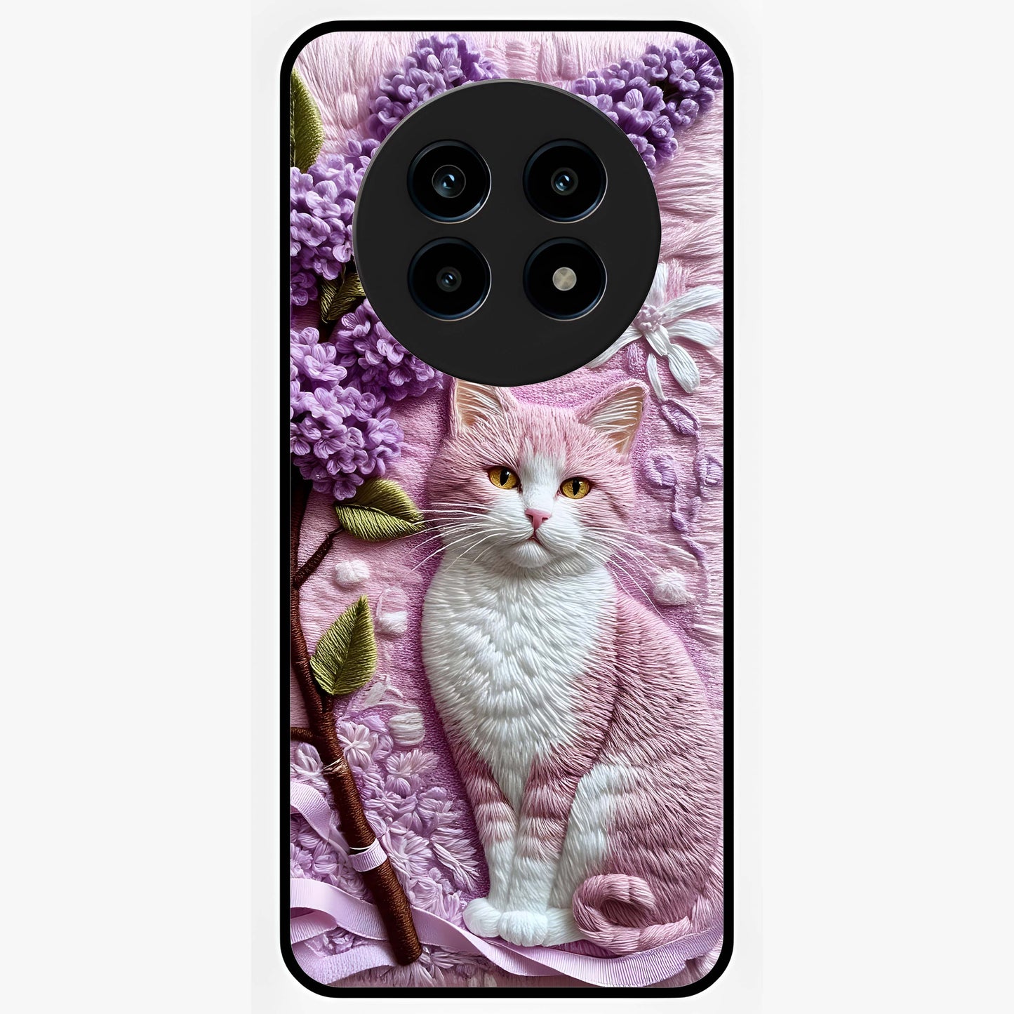Lavender Cat Whimsy Glass Case showing flat back view with cute lavender cat artwork and glossy glass finish.