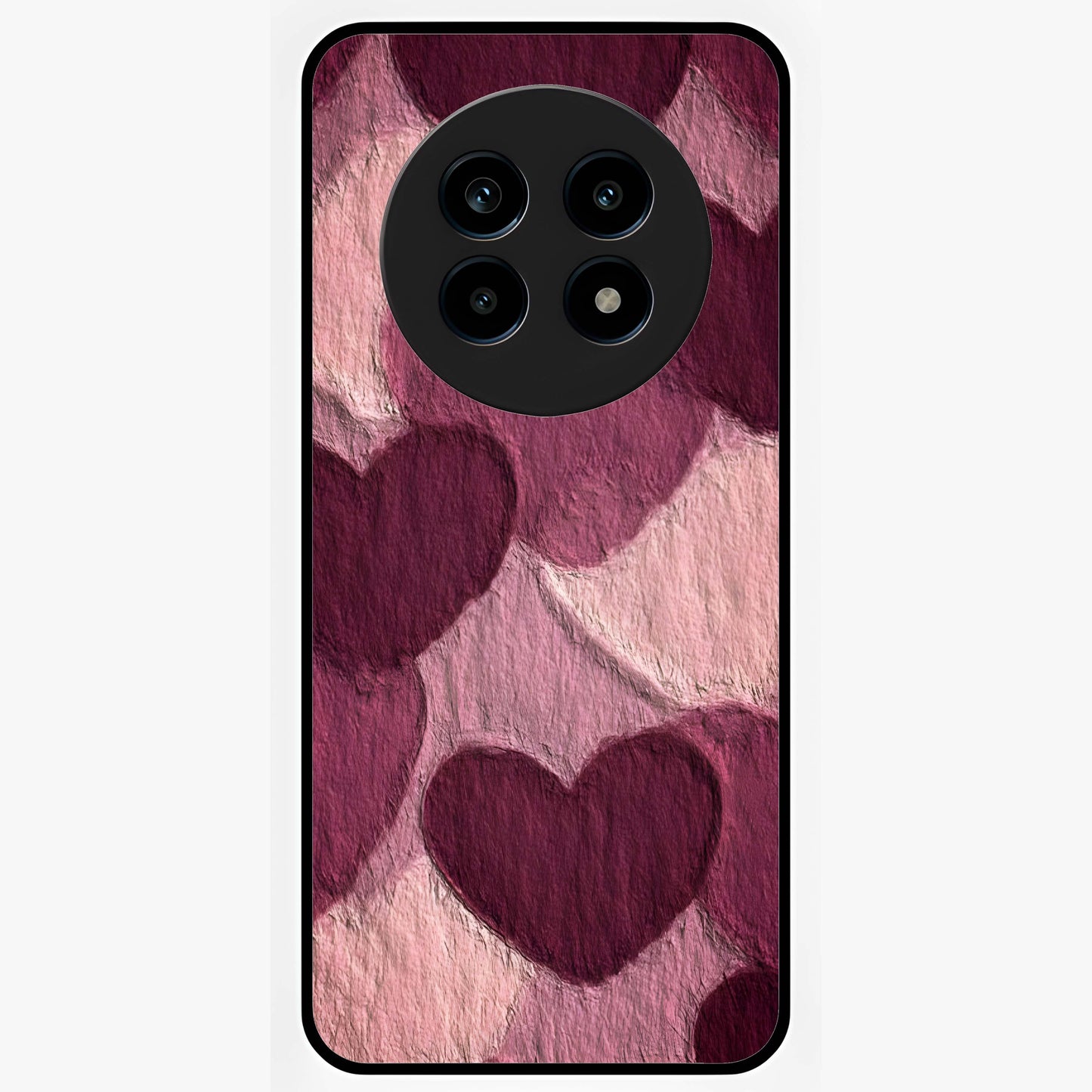 Layered Paper Hearts Glass Case showing flat back view with layered paper heart artwork and glossy glass finish.