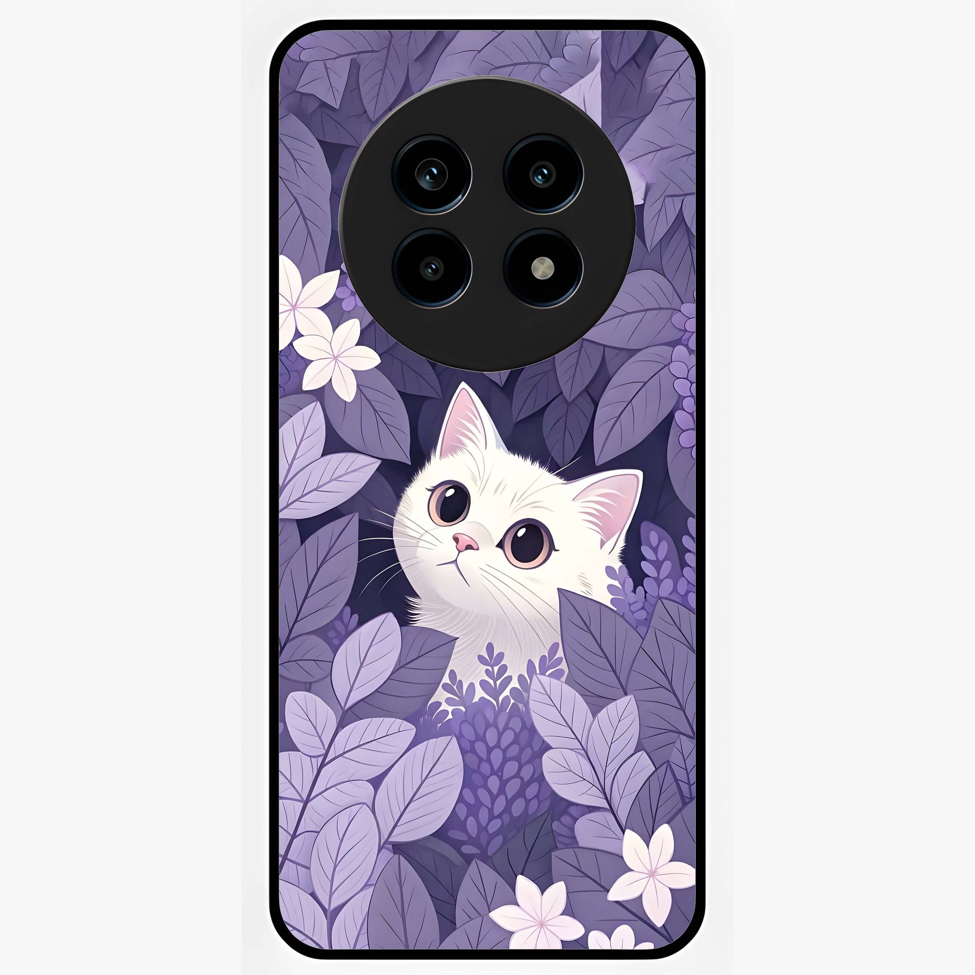 Lilac Hide Peek Cat Glass Case showing flat back view with cute peeking cat artwork and glossy glass finish.