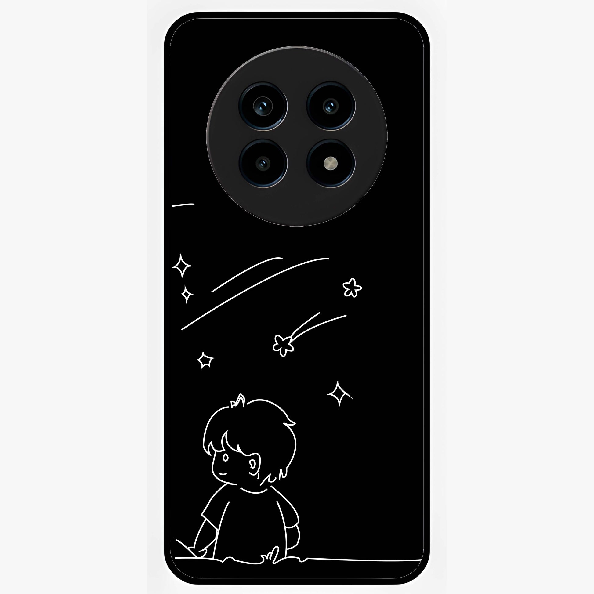 Line Art Boy With Shooting Stars Glass Case showing flat back view with minimal line art boy and shooting stars illustration and glossy glass finish.