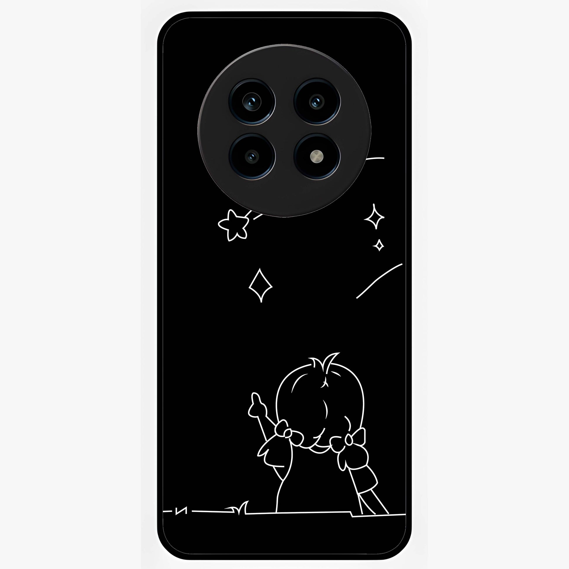 Line Art Girl With Shooting Stars Glass Case showing flat back view with minimal line art girl and shooting stars illustration and glossy glass finish.