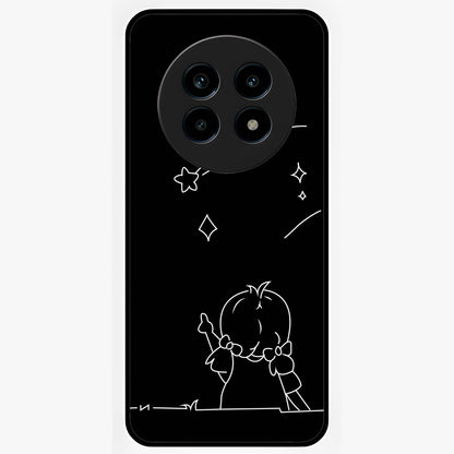 Line Art Girl With Shooting Stars Glass Case showing flat back view with minimal line art girl and shooting stars illustration and glossy glass finish.