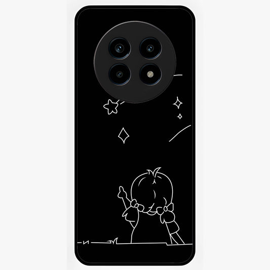 Line Art Girl With Shooting Stars Glass Case showing flat back view with minimal line art girl and shooting stars illustration and glossy glass finish.