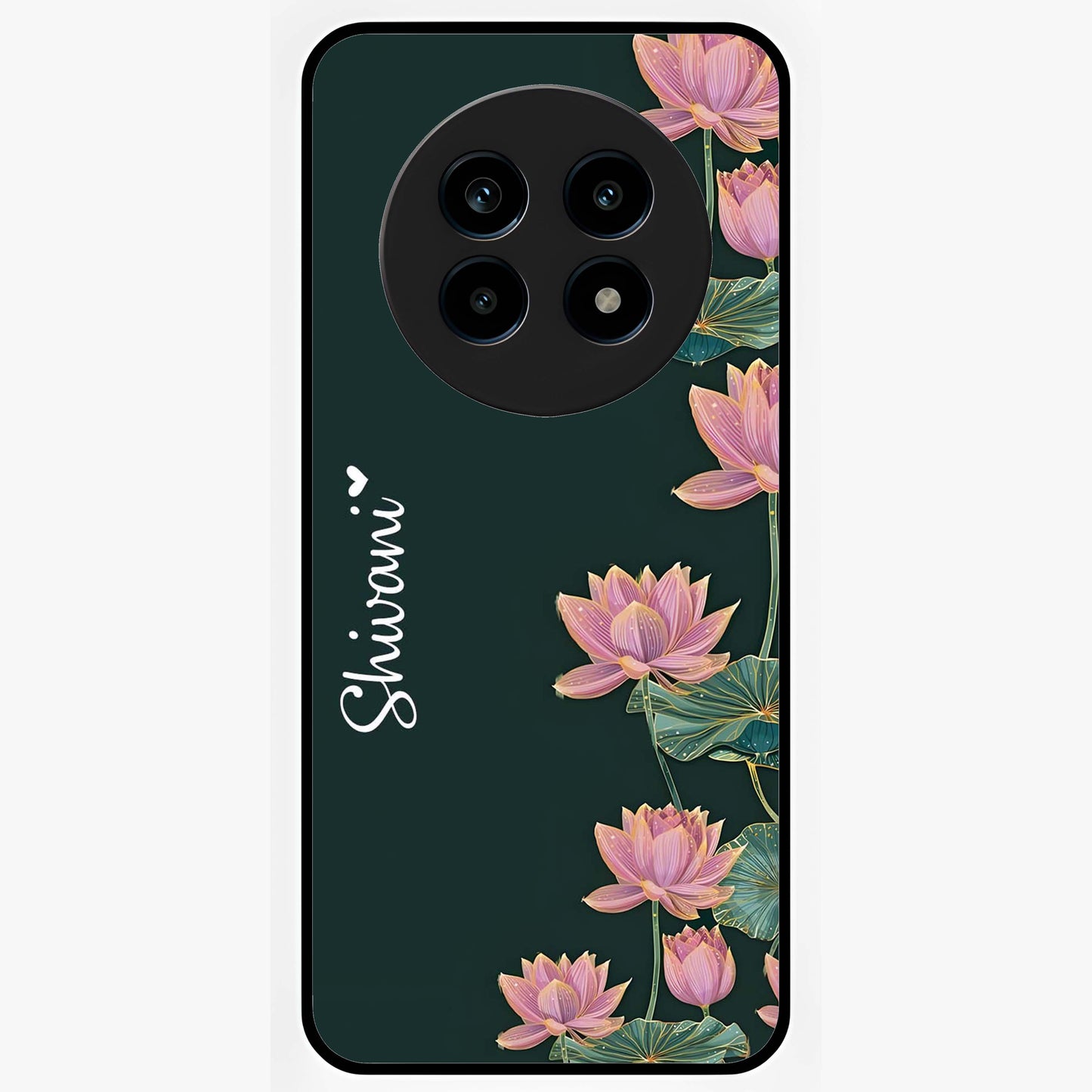Lotus Bloom Serenity Custom Name Glass Case showing flat back view with elegant lotus flower artwork and personalized name design.