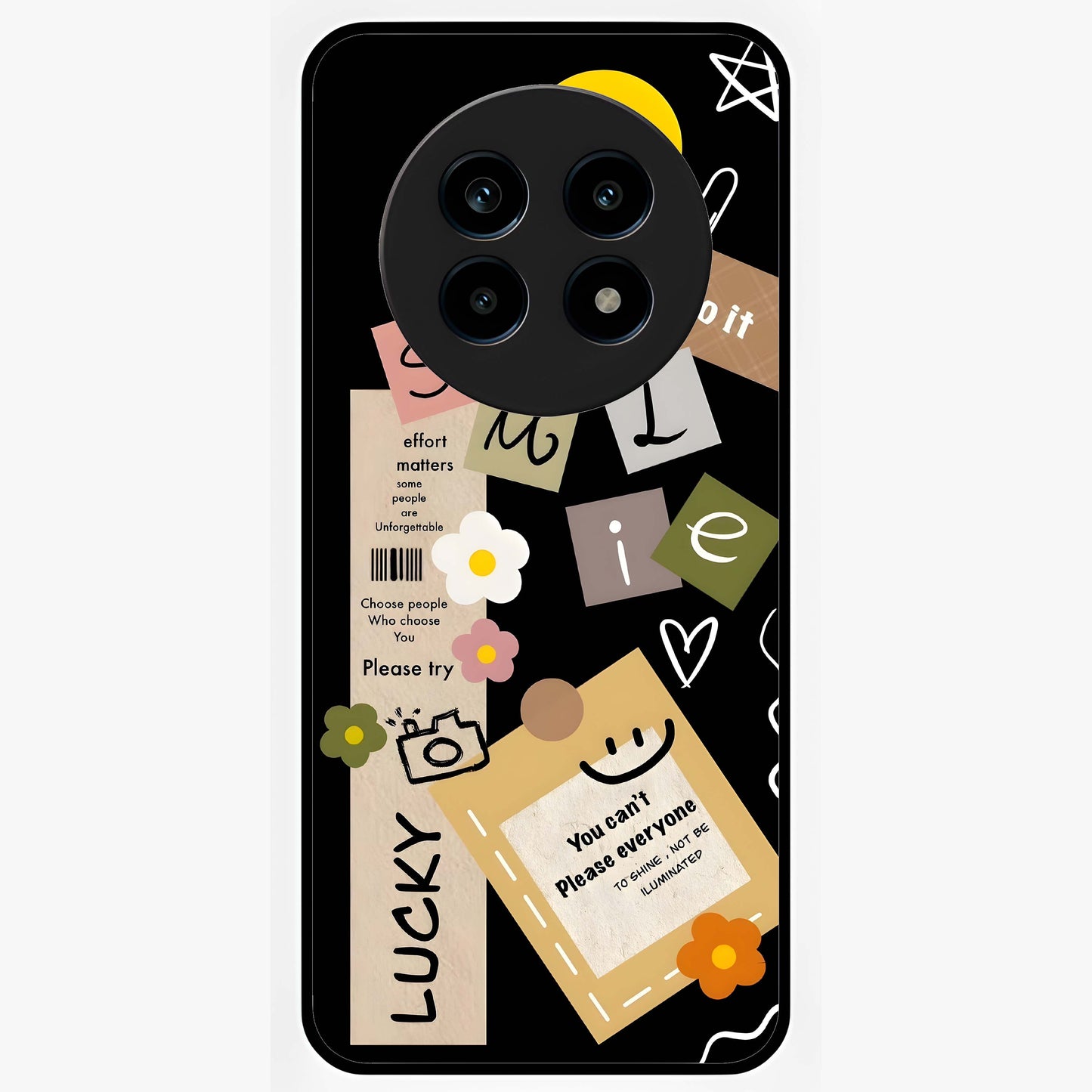 Lucky Aesthetic Collage Glass Case showing flat back view with trendy aesthetic collage artwork and glossy glass finish.