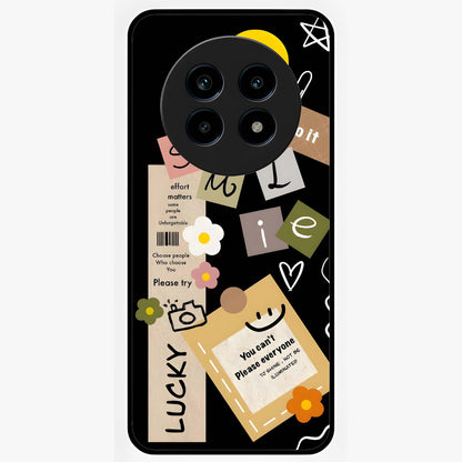 Lucky Aesthetic Collage Glass Case showing flat back view with trendy aesthetic collage artwork and glossy glass finish.